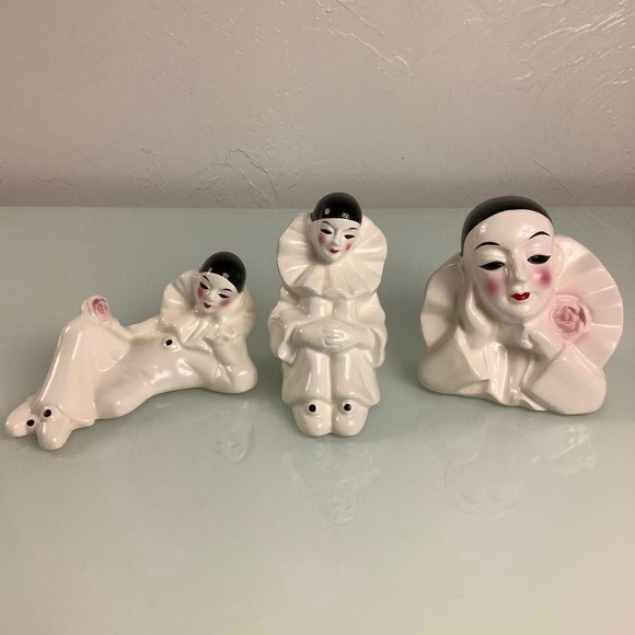 Vintage Pierrot Harlequin Clown Black & White Ceramic figures * - Picture 1 of 12
